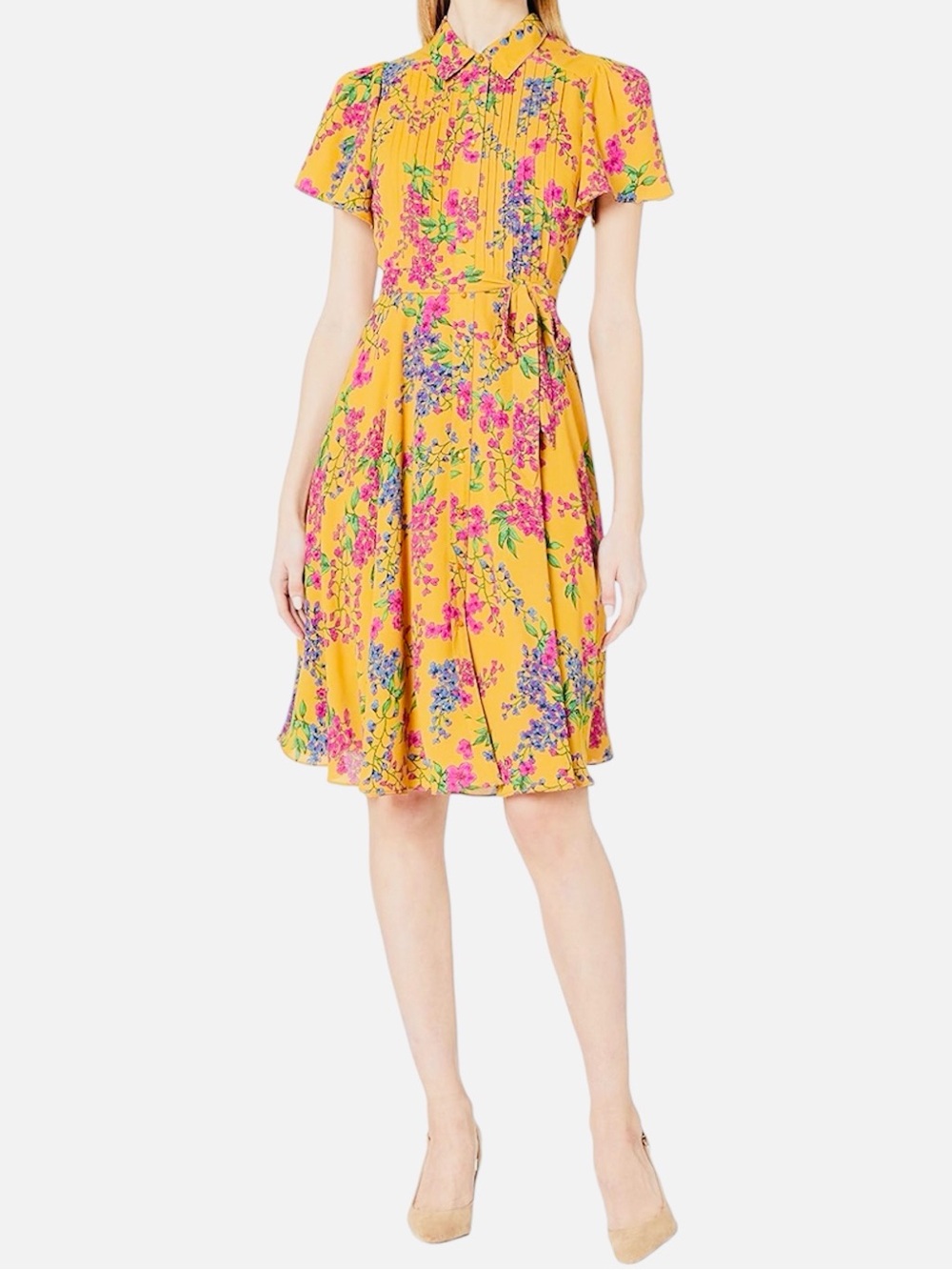Nanette Lepore Gold Floral Shirt Dress Belted Size 4